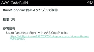 40AWS CodeBuild
BuildSpec.yml内のスクリプトで取得
権限（略
参考情報
Using Parameter Store with AWS CodePipeline
https://stelligent.com/2017/03/09/using-parameter-store-with-aws-
codepipeline/
 