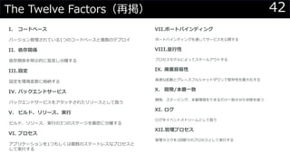 42The Twelve Factors（再掲）
I. コードベース
バージョン管理されている1つのコードベースと複数のデプロイ
II. 依存関係
依存関係を明示的に宣言し分離する
III.設定
設定を環境変数に格納する
IV. バックエンドサービス
バックエンドサービスをアタッチされたリソースとして扱う
V. ビルド、リリース、実行
ビルド、リリース、実行の3つのステージを厳密に分離する
VI. プロセス
アプリケーションを1つもしくは複数のステートレスなプロセスと
して実行する
VII.ポートバインディング
ポートバインディングを通してサービスを公開する
VIII.並行性
プロセスモデルによってスケールアウトする
IX. 廃棄容易性
高速な起動とグレースフルシャットダウンで堅牢性を最大化する
X. 開発/本番一致
開発、ステージング、本番環境をできるだけ一致させた状態を保つ
XI. ログ
ログをイベントストリームとして扱う
XII.管理プロセス
管理タスクを1回限りのプロセスとして実行する
 