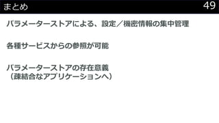 49まとめ
パラメーターストアによる、設定／機密情報の集中管理
各種サービスからの参照が可能
パラメーターストアの存在意義
（疎結合なアプリケーションへ）
 