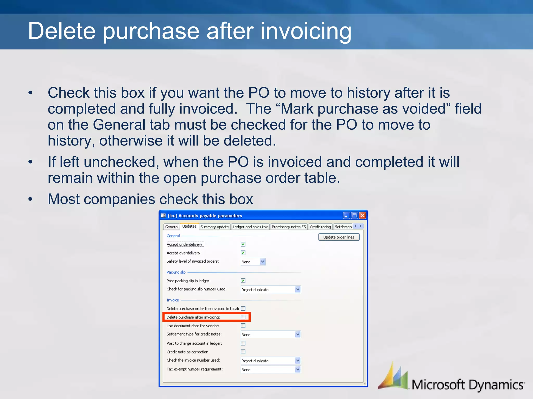 Use document date for vendorThis field is used to determine how the document date and posting date work together in Microsoft Dynamics AXIf checked, the document date will be the vendor’s invoice dateIf unchecked, the posting date is used for both the posting date and the vendor’s invoice date