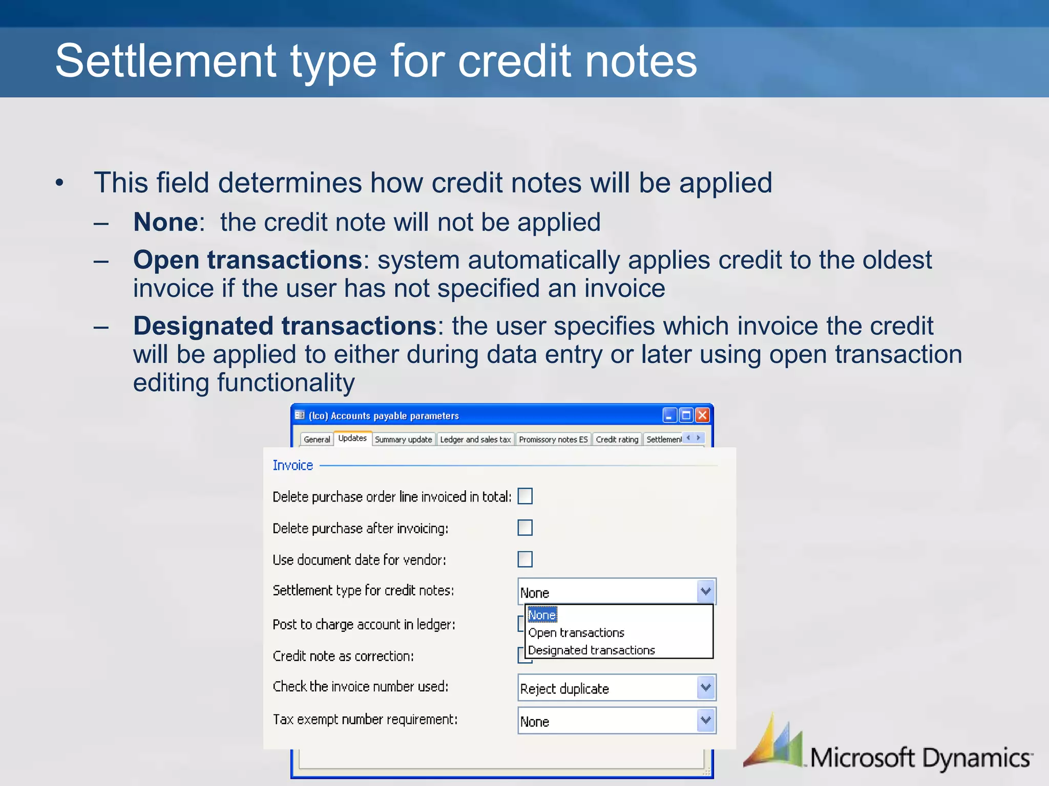 Credit note as correctionThis field works with general ledger postingsIf box is checked, credit note postings debit and credit the same accounts as the invoice postings, but using a negative signIf box is unchecked, the account that was debited at invoice will be credited and account that was credited will be debited 