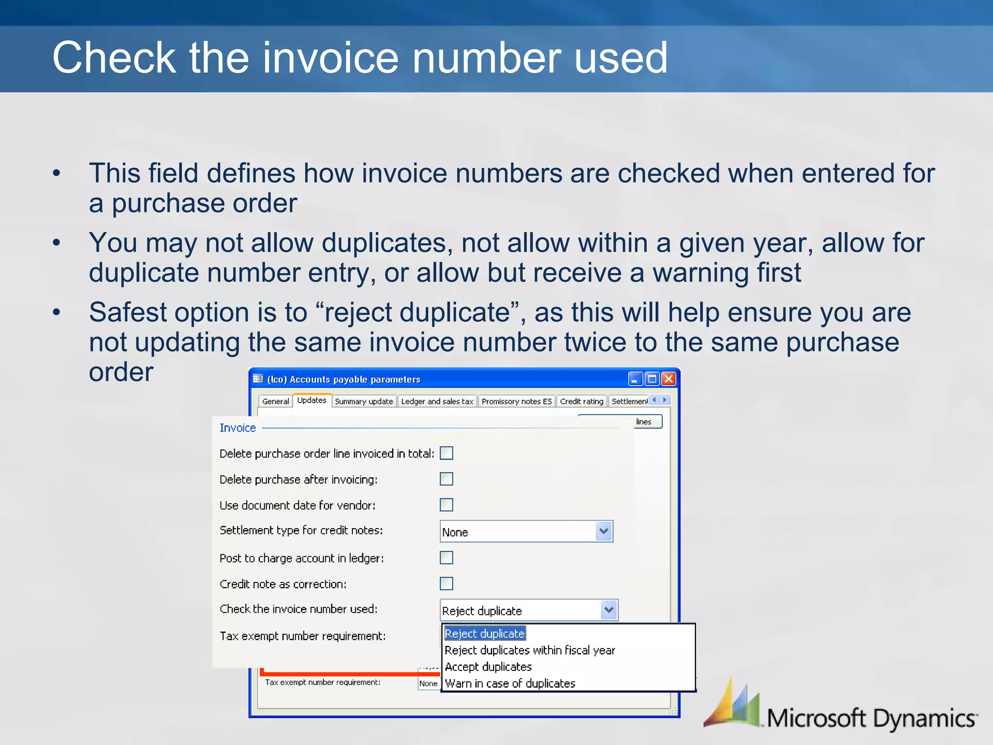 Tax exempt number requirementDetermine, based on countries/regions, whether tax exempt number will be required on the invoiceIf value other than None selected, tax exempt number will be required for the invoiceIf set to most common selection of “None”, then the tax exempt number is not required, but can be entered as needed for each invoice.