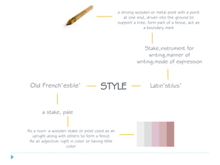 Old French‘estile‘ STYLE Latin‘stilus’
Stake,instrument for
writing,manner of
writing,mode of expression
a stake, pale
a strong wooden or metal post with a point
at one end, driven into the ground to
support a tree, form part of a fence, act as
a boundary mark
As a noun: a wooden stake or post used as an
upright along with others to form a fence
As an adjective: light in color or having little
color
 