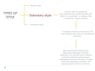 Epochal style
TYPES OF
STYLE
Transitional style
Subsidiary style
used to refer to something
less important than something else with
which it is connected , a company that
is owned by a larger company.
A subsidiary building connected to the
main building, often one of a symmetrical
grouping.
By progressively modifying the
Renaissance-Baroque horizontal
separation into discrete parts, Rococo
architects obtained unified spaces,
emphasized structural elements, created
continuous decorative schemes, and
reduced column sizes to a minimum .
 