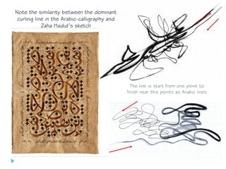 Note the similarity between the dominant
curling line in the Arabic-calligraphy and
Zaha Hadid’s sketch
The line is start from one point to
finish near this points as Arabic lines
 