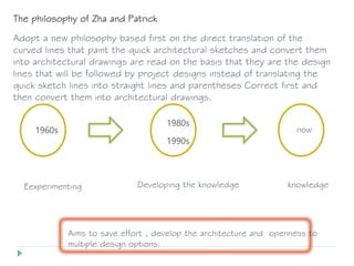 c1960s c
1980s
c
1990s
now
Developing the knowledge knowledge
Adopt a new philosophy based first on the direct translation of the
curved lines that paint the quick architectural sketches and convert them
into architectural drawings are read on the basis that they are the design
lines that will be followed by project designs instead of translating the
quick sketch lines into straight lines and parentheses Correct first and
then convert them into architectural drawings.
The philosophy of Zha and Patrick
Eexperimenting
Aims to save effort , develop the architecture and openness to
multiple design options.
 