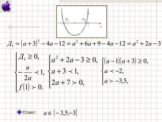 Ответ:
( ) 32124961243 222
1 −+=−−++=−−+= аааааааД
( )






−
≥
.01
,1
2
,01


f
а
в
Д





+
+
≥−+
,072
,13
,0322


а
а
аа ( )( )





−
−
≥+−
,5,3
,2
,031


а
а
аа
( ]3;5,3 −−∈а
 