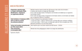 ALLOCATIONSETAIDES AiDeS De pôLe empLOi
Préparation opérationnelle Montant maximum dans la limite des 400 heures et des coûts de la formation ;
à l’emploi individuelle (POEI) si tutorat, pas de prise en charge par Pôle emploi
Bénéficiaires : employeurs • 5 € net/h de stage versés à l’entreprise si la formation est réalisée par un organisme
ou organismes externes de formation interne
• 8 € net/h de stage versés à l’organisme de formation externe si la formation est réalisée
par un organisme externe à l’entreprise
Aide forfaitaire à l’employeur (AFE) • Pour l’embauche d’un demandeur d’emploi :
dans le cadre du contrat - de 26 ans et plus : 2 000 € maximum pour un temps plein sous certaines conditions
de professionnalisation - de 45 ans et plus : 2 000 € pour un temps plein (aide de l’Etat cumulable avec l’AFE)
Montants proratisés en cas de temps partiel
Action de formation conventionnée Aide moyenne pour une durée moyenne de 600 heures : 3 000 €
par Pôle emploi (AFC)*
Aide individuelle Montant des frais pédagogiques restant à la charge des bénéficiaires
à la formation (AIF)*
* Applicable à Mayotte
12
DAJ 750 janvier 2017.qxp_Mise en page 1 23/01/17 14:35 Page12
 
