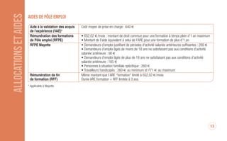 13
ALLOCATIONSETAIDES AiDeS De pôLe empLOi
Aide à la validation des acquis Coût moyen de prise en charge : 640 €
de l’expérience (VAE)*
Rémunération des formations • 652,02 €/mois ; montant de droit commun pour une formation à temps plein d’1 an maximum
de Pôle emploi (RFPE) • Montant de l’aide équivalent à celui de l’ARE pour une formation de plus d’1 an
RFPE Mayotte • Demandeurs d’emploi justifiant de périodes d’activité salariée antérieures suffisantes : 580 €
• Demandeurs d’emploi âgés de moins de 18 ans ne satisfaisant pas aux conditions d’activité
salariée antérieure : 116 €
• Demandeurs d’emploi âgés de 18 à 20 ans ne satisfaisant pas aux conditions d’activité
salariée antérieure : 275,25 €
• Demandeurs d’emploi âgés de 21 à 25 ans ne satisfaisant pas aux conditions d’activité
salariée antérieure : 302,02 €
• Personnes à situation familiale spécifique : 580 €
• Travailleurs handicapés remplissant les conditions d’activité salariée antérieure :
de 573 € au minimum à 1 720 € au maximum
Rémunération de fin Même montant que l’ARE “formation” limité à 652,02 €/mois
de formation (RFF) Durée ARE formation + RFF limitée à 3 ans
RFF Mayotte Même montant que l’ARE “formation” limité à 580 €/mois
Durée ARE formation + RFF limitée à 3 ans
* Applicable à Mayotte
DAJ 750 janvier 2017.qxp_Mise en page 1 23/01/17 14:35 Page13
 