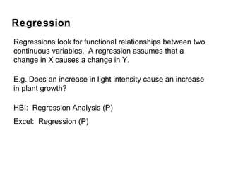 Regressions look for functional relationships between two
continuous variables. A regression assumes that a
change in X causes a change in Y.
E.g. Does an increase in light intensity cause an increase
in plant growth?
HBI: Regression Analysis (P)
Excel: Regression (P)
Regression
 