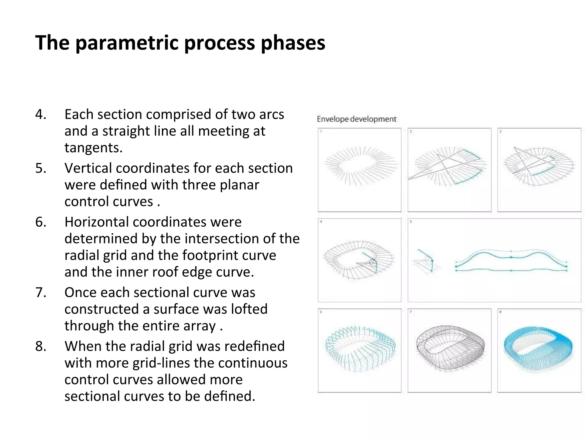 4. Each section comprised of two arcs
and a straight line all meeting at
tangents.
5. Vertical coordinates for each section
were deﬁned with three planar
control curves .
6. Horizontal coordinates were
determined by the intersection of the
radial grid and the footprint curve
and the inner roof edge curve.
7. Once each sectional curve was
constructed a surface was lofted
through the entire array .
8. When the radial grid was redeﬁned
with more grid-lines the continuous
control curves allowed more
sectional curves to be deﬁned.
The parametric process phases
 