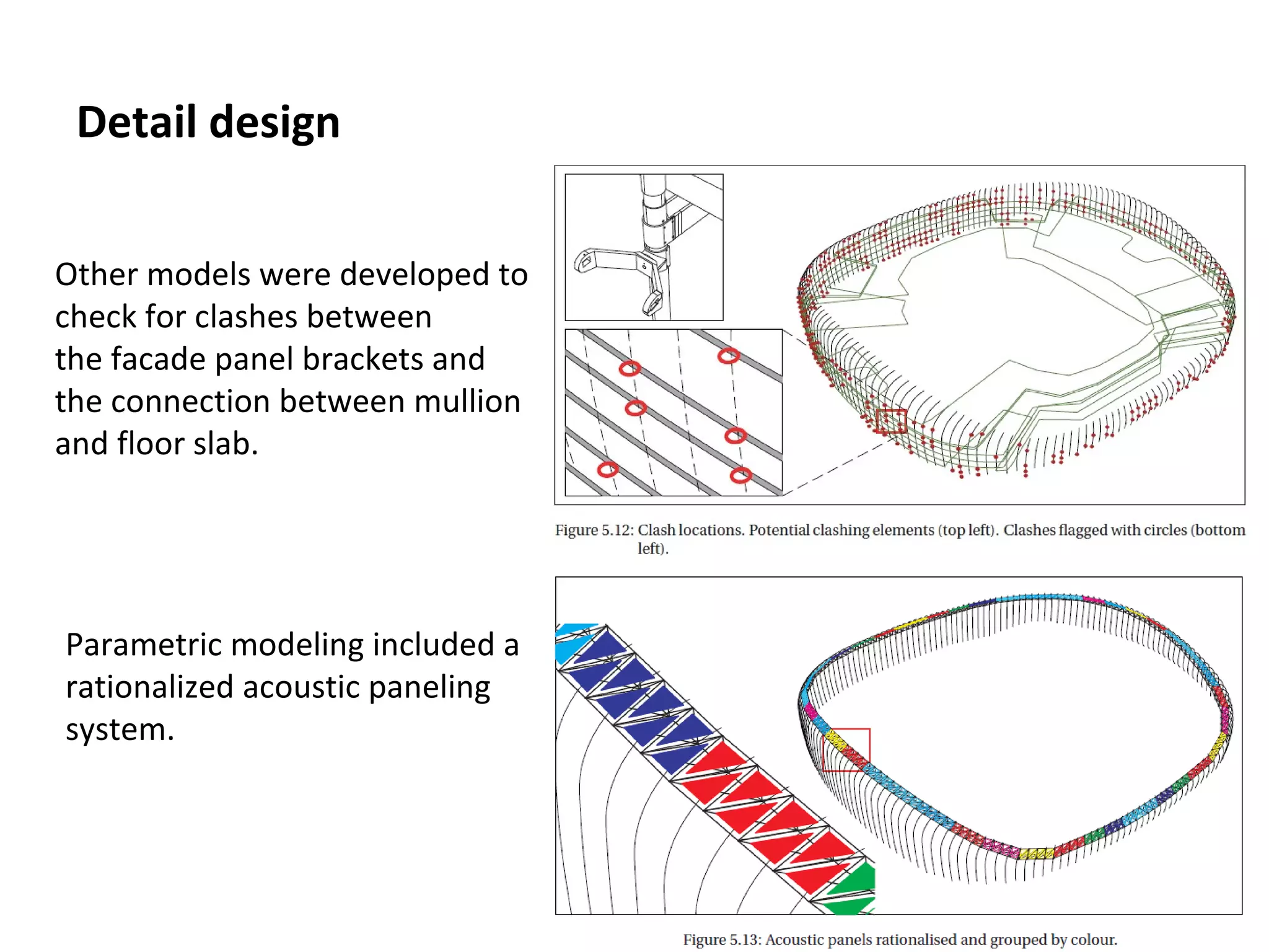 Detail design
Other models were developed to
check for clashes between
the facade panel brackets and
the connection between mullion
and floor slab.
Parametric modeling included a
rationalized acoustic paneling
system.
 