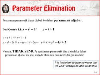 Persamaan parametrik dapat diubah ke dalam persamaan aljabar.
Dari Contoh 1.1: x = t2 – 2t y = t + 1
y = t + 1  t = y – 1
x = t2 – 2t  x = (y – 1)2 – 2(y – 1)  x = y2 – 4y + 3
Namun, TIDAK SEMUA persamaan parametrik bisa diubah ke dalam
persamaan aljabar melalui metode eliminasi parameter dengan mudah!
It is important to note however that
we won’t always be able to do this.
1-12
 