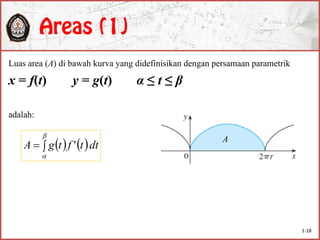 Luas area (A) di bawah kurva yang didefinisikan dengan persamaan parametrik
x = f(t) y = g(t) α ≤ t ≤ β
adalah:
A
   


dttftgA '
1-18
 