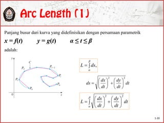 Panjang busur dari kurva yang didefinisikan dengan persamaan parametrik
x = f(t) y = g(t) α ≤ t ≤ β
adalah:
,


dsL
dt
dt
dy
dt
dx
ds
22













 














dt
dt
dy
dt
dx
L
22
1-20
 