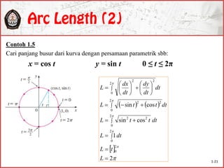 Contoh 1.5
Cari panjang busur dari kurva dengan persamaan parametrik sbb:
x = cos t y = sin t 0 ≤ t ≤ 2π
   
 






2
1
cossin
cossin
2
0
2
0
2
0
22
2
0
22
2
0
22






















L
tL
dtL
dtttL
dtttL
dt
dt
dy
dt
dx
L
1-21
 