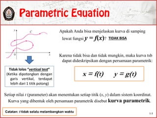 Apakah Anda bisa menjelaskan kurva di samping
lewat fungsi y = f(x)?
Karena tidak bisa dan tidak mungkin, maka kurva tsb
dapat dideskripsikan dengan persamaan parametrik:
Setiap nilai t (parameter) akan menentukan setiap titik (x, y) dalam sistem koordinat.
Kurva yang dibentuk oleh persamaan parametrik disebut kurva parametrik.
x = f(t) y = g(t)
Catatan: t tidak selalu melambangkan waktu
TIDAK BISA
1-3
Tidak lolos “vertical test”
(Ketika dipotongkan dengan
garis vertikal, terdapat
lebih dari 1 titik potong)
 