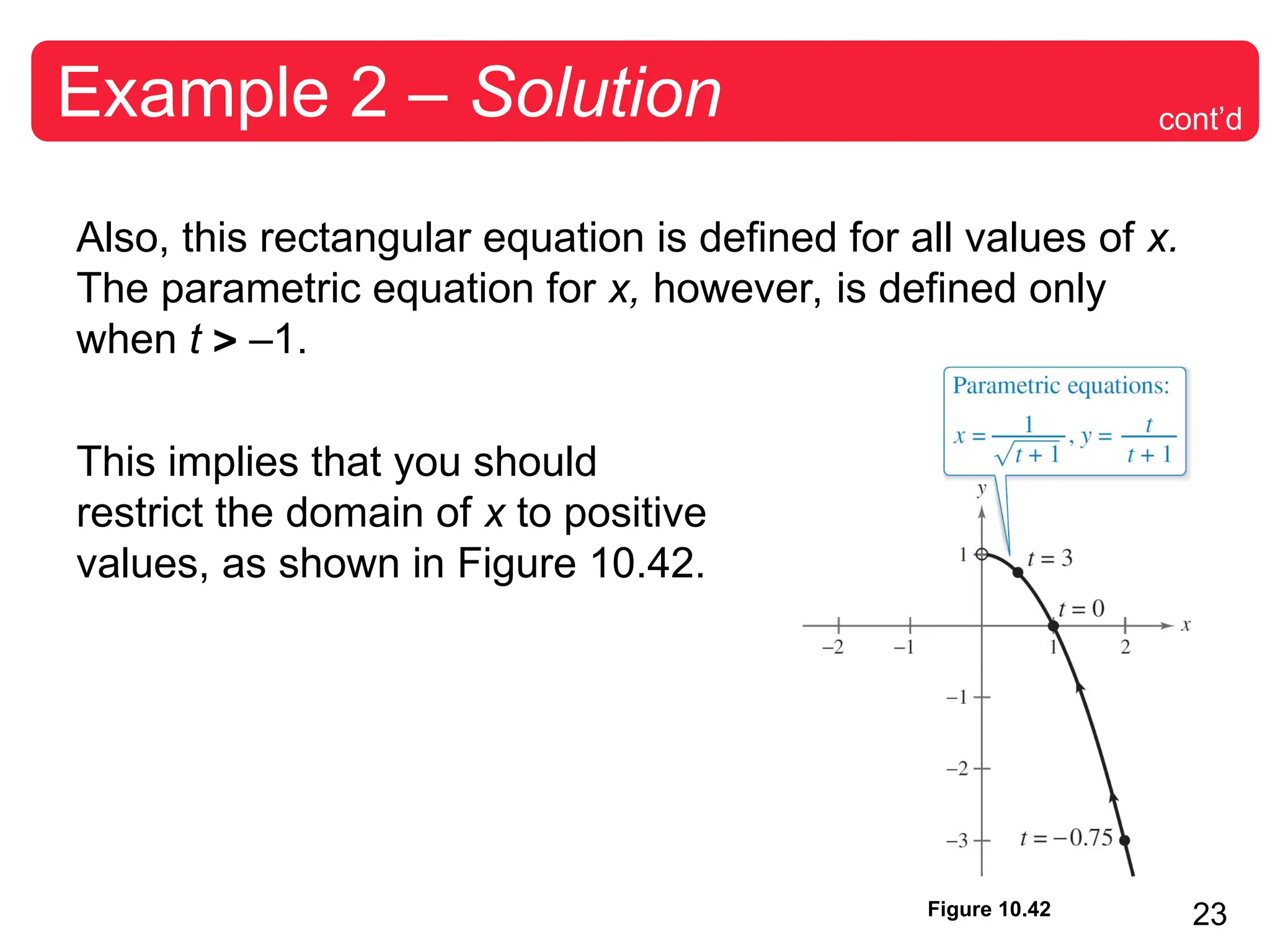 23
Example 2 – Solution
Also, this rectangular equation is defined for all values of x.
The parametric equation for x, however, is defined only
when t  –1.
This implies that you should
restrict the domain of x to positive
values, as shown in Figure 10.42.
Figure 10.42
cont’d
 