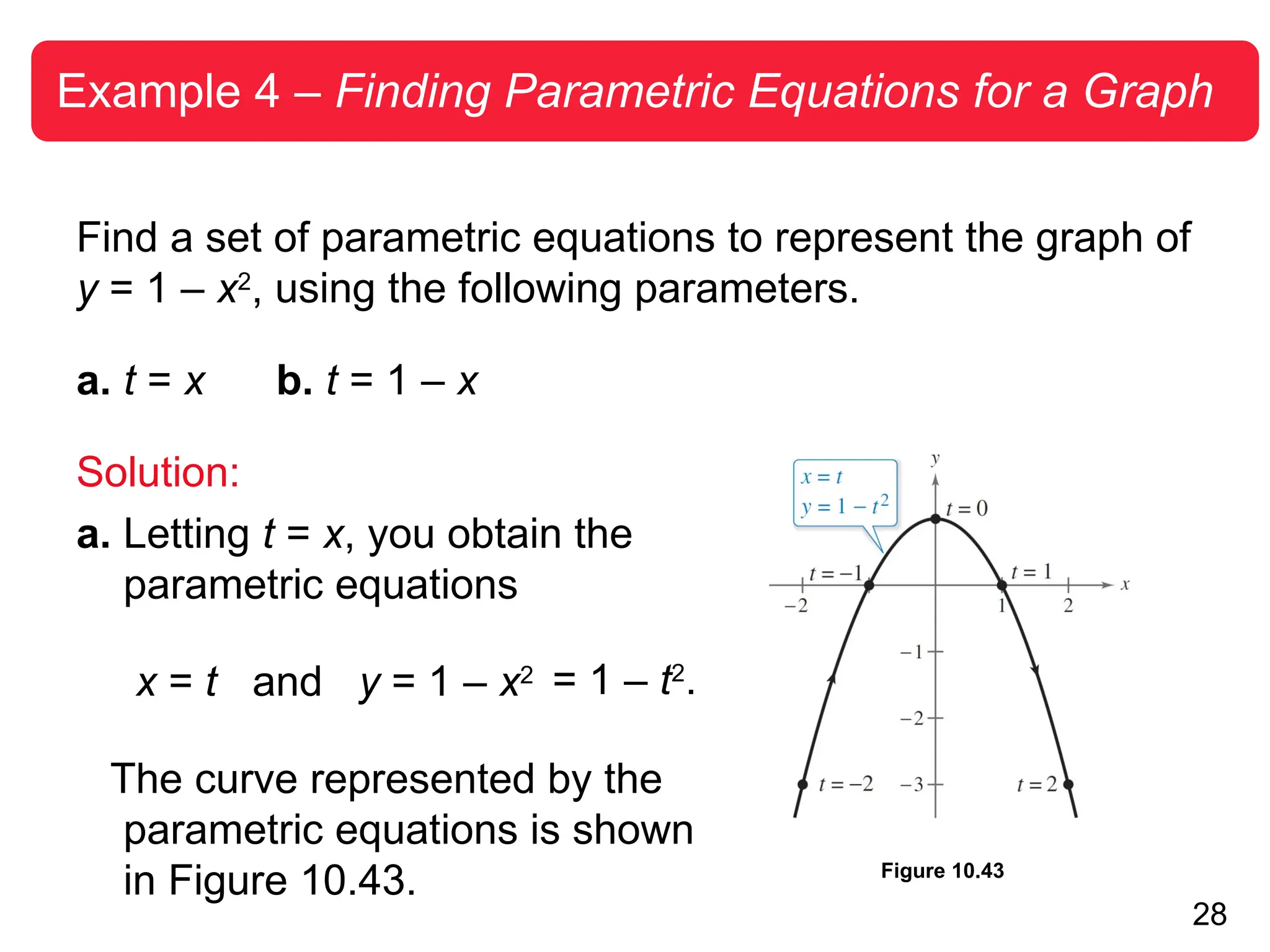 28
Example 4 – Finding Parametric Equations for a Graph
Find a set of parametric equations to represent the graph of
y = 1 – x2
, using the following parameters.
a. t = x b. t = 1 – x
Solution:
a. Letting t = x, you obtain the
parametric equations
x = t and y = 1 – x2
The curve represented by the
parametric equations is shown
in Figure 10.43.
= 1 – t2
.
Figure 10.43
 