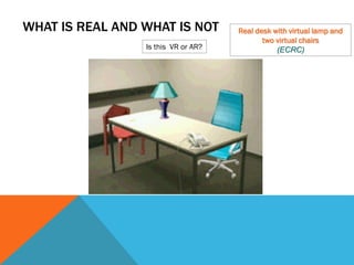 WHAT IS REAL AND WHAT IS NOT Real desk with virtual lamp and
two virtual chairs
(ECRC)Is this VR or AR?
 