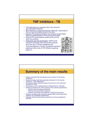 TNF inhibitors - TB
•   TNF alpha plays an important role in the control of
    granulomatous infections
•   Main difference is observed between infliximab / etanercept on
    the one hand and adalimumab on the other
•   Different PD properties between the products would implies
    different profiles between infliximab and etanercept
•   Different PK profile between adalimumab and the
    other two products
•   Awareness and risk minimisation: adalimumab
    has been authorised after the first two products
    when the risk of TB was established and
    recommendations to monitor the patients had been
    published (shift of risk of TB? Different reporting
    pattern?).




    Summary of the main results
•   Pattern consistent with the logical course of action of the toxicity
    (bosentan)
•   Hazard consistent with the suspected mechanism of the toxicity
    (bosentan – dose dependent)
•   Consistency of the reported hazard of occurrence of the infections
    across the 3 TNFs
•   Consistency of the reported hazard of tuberculosis for infliximab
•   Differences between the TNFs products (TB) could be explained by:
     – Different pharmacological properties
     – Different pharmacokinetic properties
     – Different monitoring of the patients / reporting mechanisms
•   Patterns consistent with the known safety profile of the product (two
    analyses not completely independent)
•   Hazards certainly influenced by awareness and risk management
    activities
 