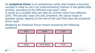 An analytical driver is an autonomous entity that models a business
concept in order to use it as a discriminating criterion in the global data
context, according to the different end-users’ roles.
It works as a variable that can take its runtime value from different
LOVs. The actually used LOV and, therefore, the actual range of
possible values, depend on the role of the user that uses the analytical
driver itself.
Designing an Analytical Driver means answering the following
questions:
 