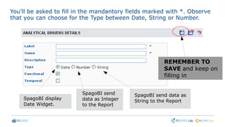 You'll be asked to fill in the mandantory fields marked with *. Observe
that you can choose for the Type between Date, String or Number.
SpagoBI display
Date Widget.
SpagoBI send
data as Integer
to the Report
SpagoBI send data as
String to the Report
REMEMBER TO
SAVE and keep on
filling in
 