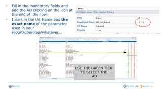 ➢
Fill in the mandatory fields and
add the AD clicking on the icon at
the end of the row.
➢
Insert in the Url Name box the
exact name of the parameter
used in your
report/qbe/olap/whatever….
USE THE GREEN TICK
TO SELECT THE
AD
 