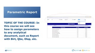 Birt Report Designer
TOPIC OF THE COURSE: In
this course we will see
how to assign parameters
to any analytical
document, such as Report
with Birt, Qbe, Olap, etc.
Parametric Report
 