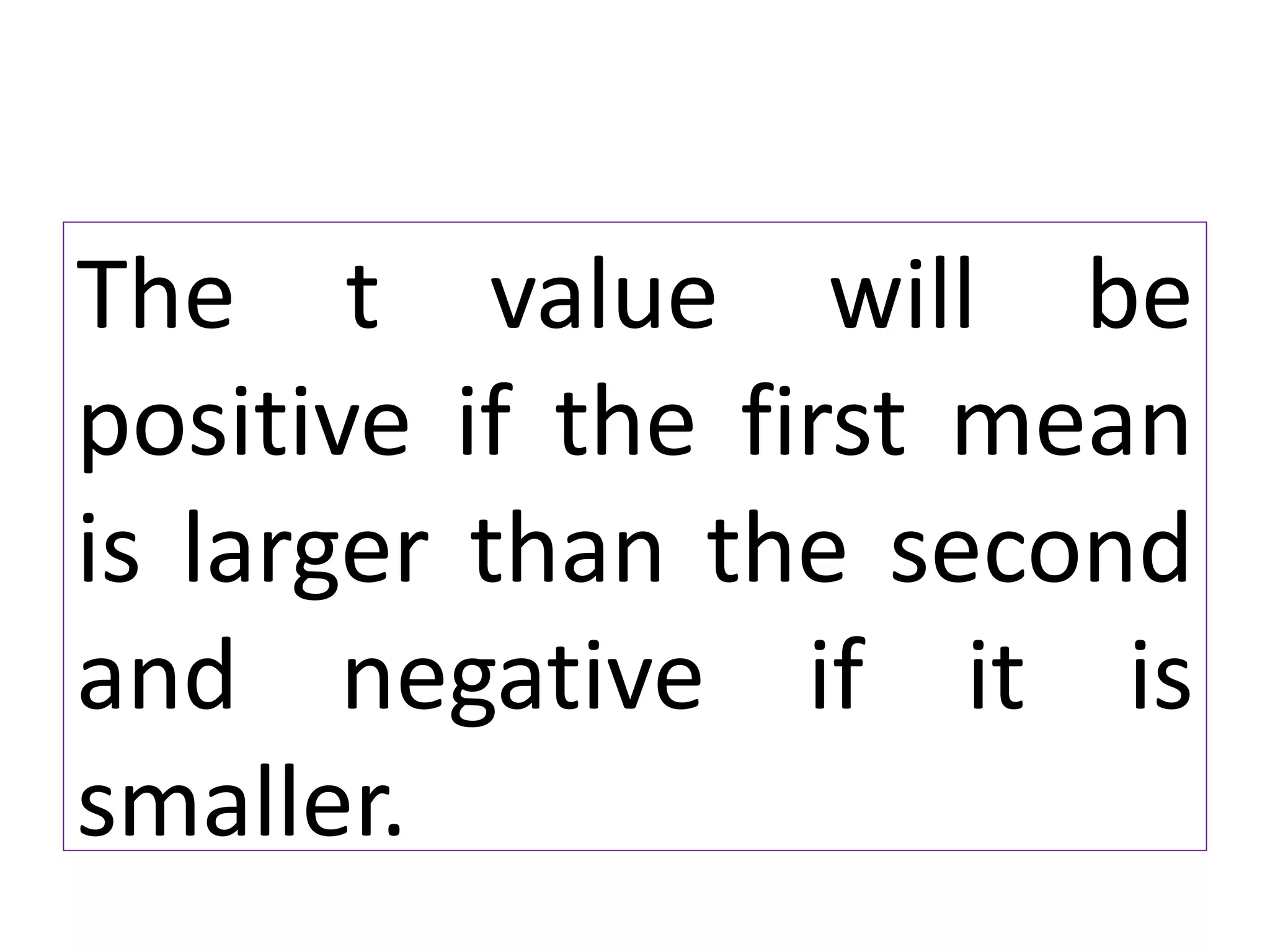The t value will be
positive if the first mean
is larger than the second
and negative if it is
smaller.
 