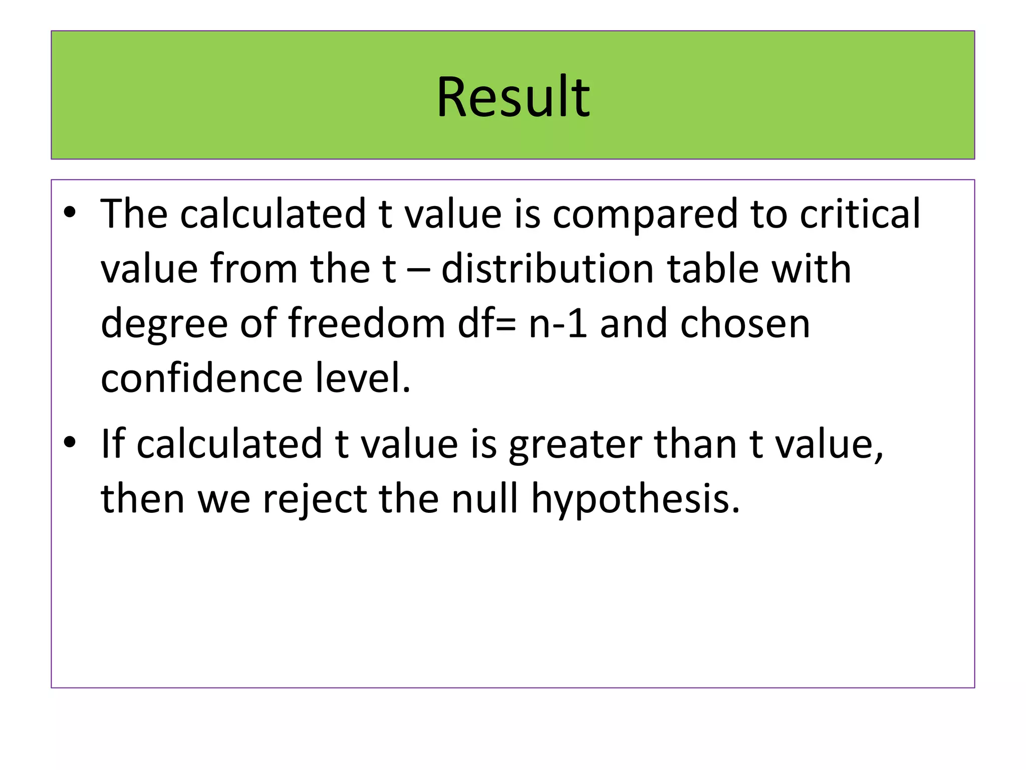Result
• The calculated t value is compared to critical
value from the t – distribution table with
degree of freedom df= n-1 and chosen
confidence level.
• If calculated t value is greater than t value,
then we reject the null hypothesis.
 