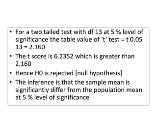 • For a two tailed test with df 13 at 5 % level of
significance the table value of ‘t’ test = t 0.05
13 = 2.160
• The t score is 6.2352 which is greater than
2.160
• Hence H0 is rejected [null hypothesis]
• The inference is that the sample mean is
significantly differ from the population mean
at 5 % level of significance
 