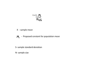 X - sample mean
- Proposed constant for population mean
S- sample standard deviation
N- sample size
 