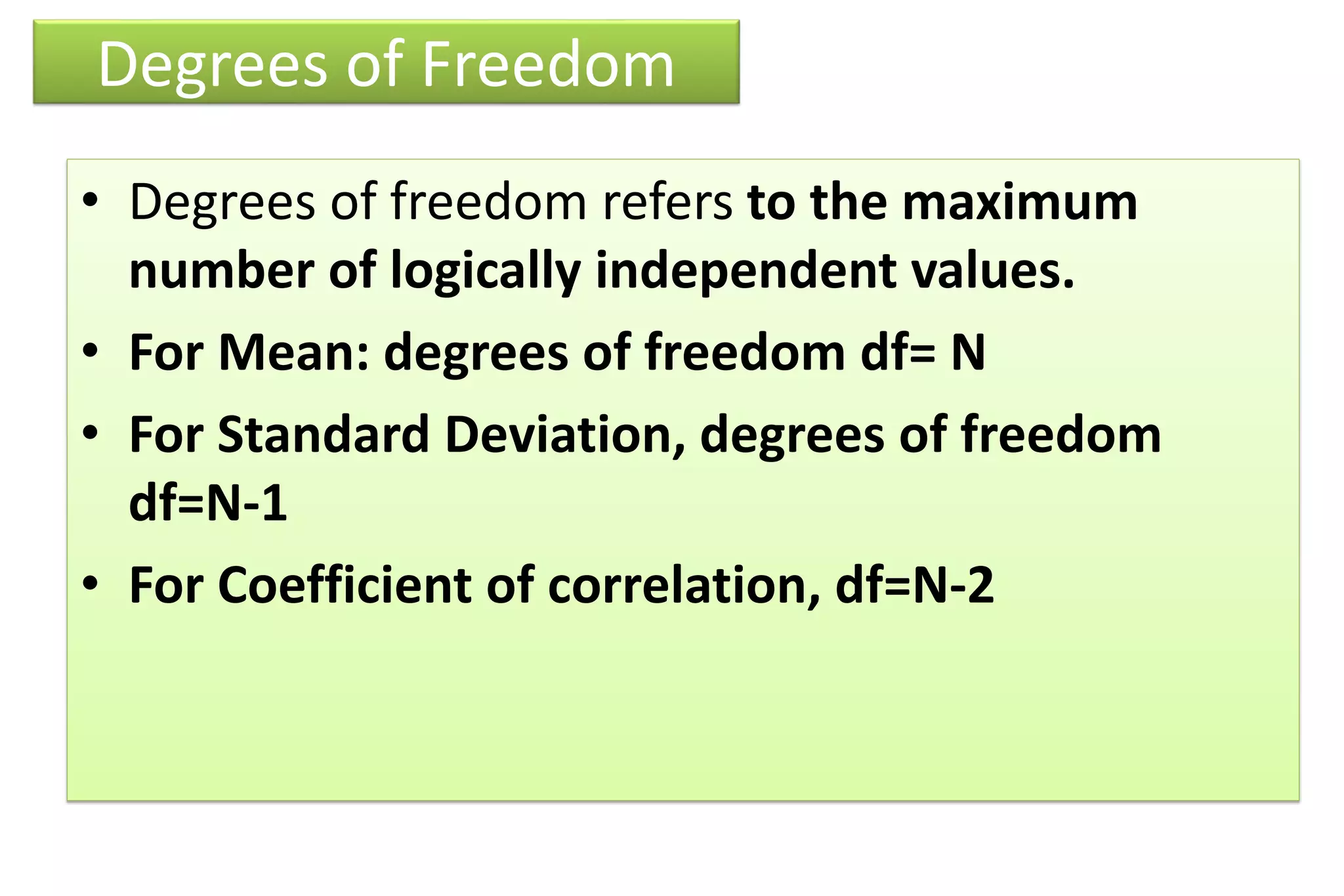 Degrees of Freedom
• Degrees of freedom refers to the maximum
number of logically independent values.
• For Mean: degrees of freedom df= N
• For Standard Deviation, degrees of freedom
df=N-1
• For Coefficient of correlation, df=N-2
 