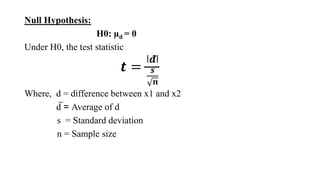 Null Hypothesis:
H0: µd = 0
Under H0, the test statistic
𝒕 =
ǀ𝒅̅ǀ
𝒔
𝒏
Where, d = difference between x1 and x2
d̅ = Average...