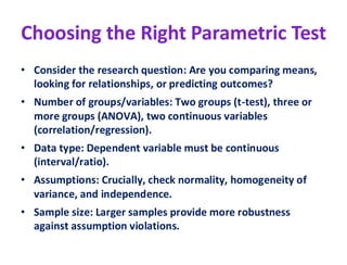 Parametric Tests R PARAMETRIC TESTS in STATISTICS PARAMETRIC TESTS in STATISTICS | PDF