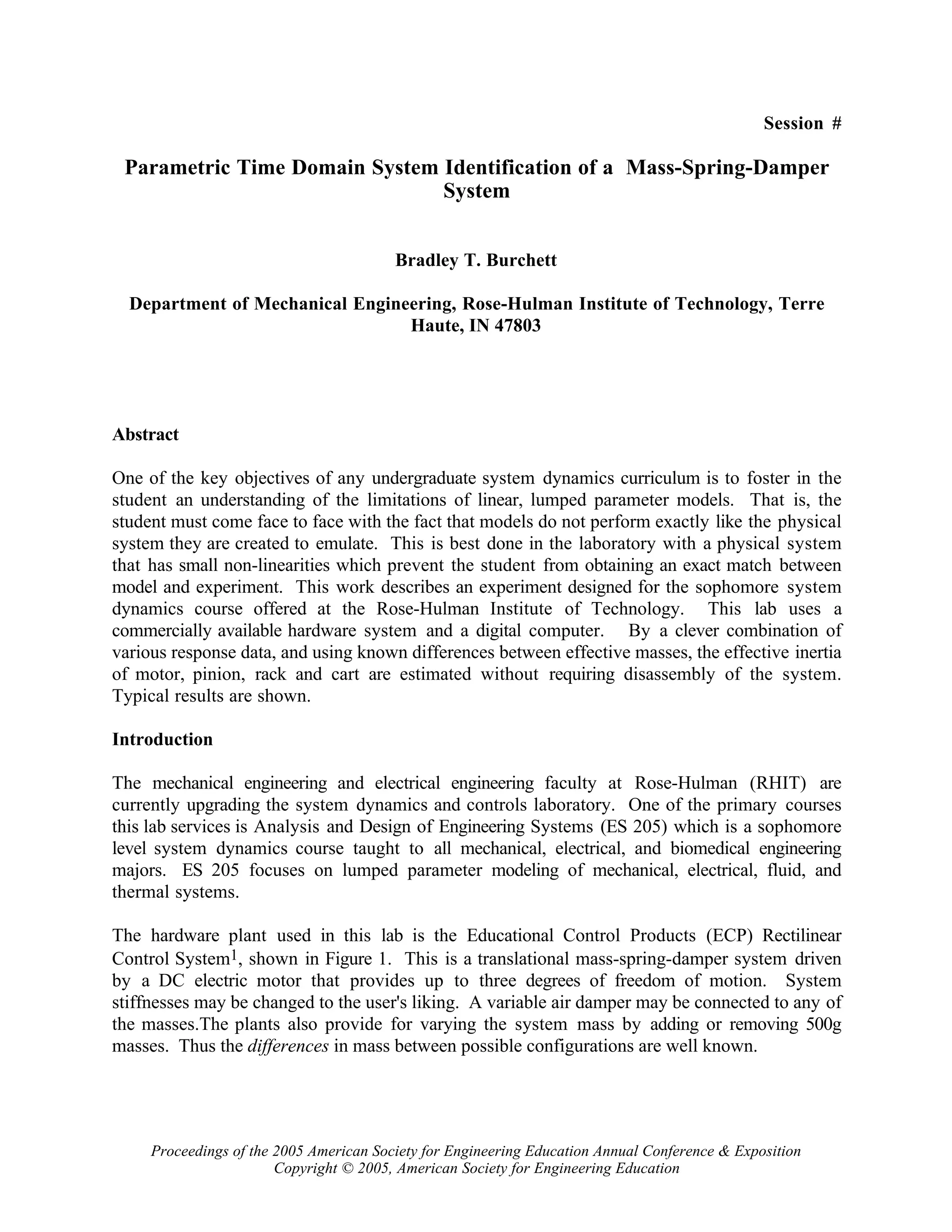 Parametric time domain system identification of a mass spring-damper | PDF