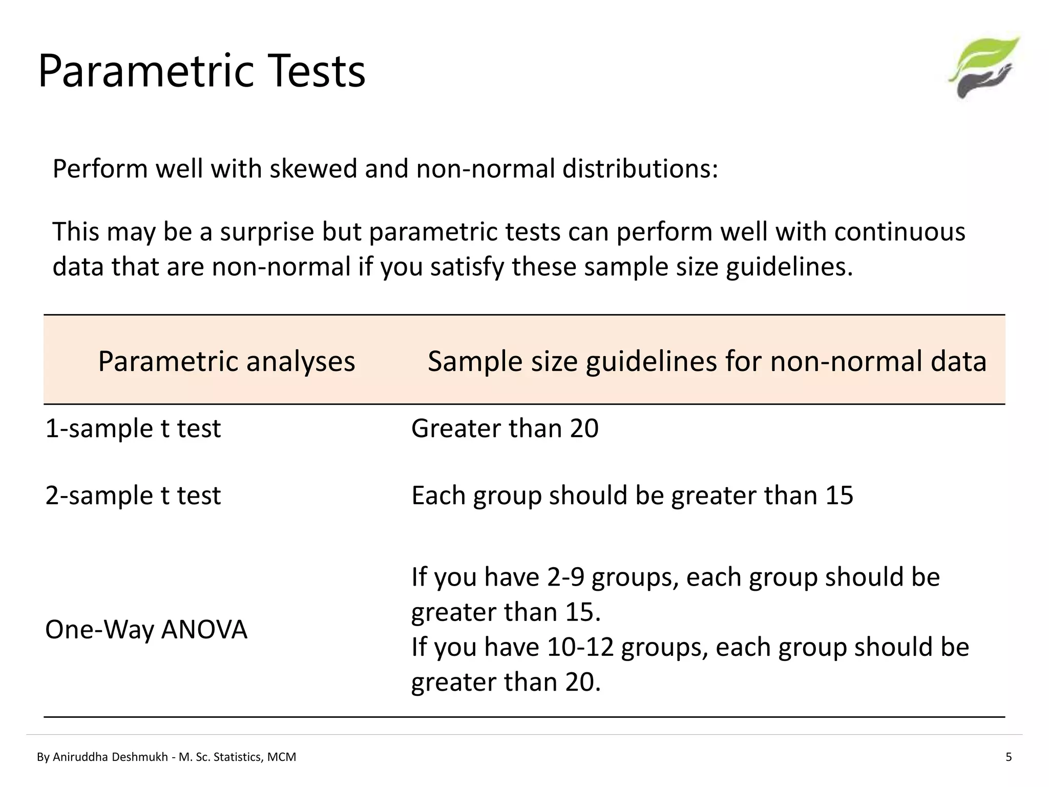 Parametric Tests
Perform well with skewed and non-normal distributions:
This may be a surprise but parametric tests can perform well with continuous
data that are non-normal if you satisfy these sample size guidelines.
By Aniruddha Deshmukh - M. Sc. Statistics, MCM 5
Parametric analyses Sample size guidelines for non-normal data
1-sample t test Greater than 20
2-sample t test Each group should be greater than 15
One-Way ANOVA
If you have 2-9 groups, each group should be
greater than 15.
If you have 10-12 groups, each group should be
greater than 20.
 