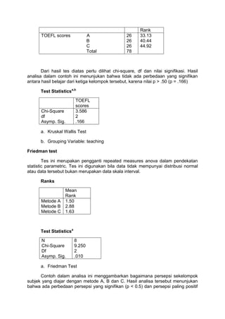 Rank
TOEFL scores A
B
C
Total
26
26
26
78
33.13
40.44
44.92
Dari hasil tes diatas perlu dilihat chi-square, df dan nilai signifikasi. Hasil
analisa dalam contoh ini menunjukan bahwa tidak ada perbedaan yang signifikan
antara hasil belajar dari ketiga kelompok tersebut, karena nilai p > .50 (p = .166)
Test Statisticsa,b
TOEFL
scores
Chi-Square
df
Asymp. Sig.
3.586
2
.166
a. Kruskal Wallis Test
b. Grouping Variable: teaching
Friedman test
Tes ini merupakan pengganti repeated measures anova dalam pendekatan
statistic parametric. Tes ini digunakan bila data tidak mempunyai distribusi normal
atau data tersebut bukan merupakan data skala interval.
Ranks
Mean
Rank
Metode A
Metode B
Metode C
1.50
2.88
1.63
Test Statisticsa
N
Chi-Square
Df
Asymp. Sig.
8
9.250
2
.010
a. Friedman Test
Contoh dalam analisa ini menggambarkan bagaimana persepsi sekelompok
subjek yang diajar dengan metode A, B dan C. Hasil analisa tersebut menunjukan
bahwa ada perbedaan persepsi yang signifikan (p < 0.5) dan persepsi paling positif
 