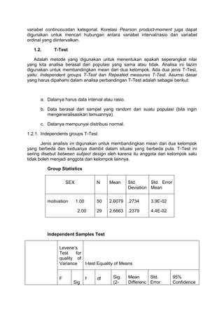 variabel continuousdan kategorial. Korelasi Pearson product-moment juga dapat
digunakan untuk mencari hubungan antara variabel interval/rasio dan variabel
ordinal yang diintervalkan.
1.2. T-Test
Adalah metode yang digunakan untuk menentukan apakah seperangkat nilai
yang kita analisa berasal dari populasi yang sama atau tidak. Analisa ini lazim
digunakan untuk membandingkan mean dari dua kelompok. Ada dua jenis T-Test,
yaitu: Independent groups T-Test dan Repeated measures T-Test. Asumsi dasar
yang harus dipahami dalam analisa perbandingan T-Test adalah sebagai berikut:
a. Datanya harus data interval atau rasio.
b. Data berasal dari sampel yang random dari suatu populasi (bila ingin
mengeneralisasikan temuannya).
c. Datanya mempunyai distribusi normal.
1.2.1. Independents groups T-Test
Jenis analisis ini digunakan untuk membandingkan mean dari dua kelompok
yang berbeda dan keduanya diambil dalam situasi yang berbeda pula. T-Test ini
sering disebut between subject design oleh karena itu anggota dari kelompok satu
tidak boleh menjadi anggota dari kelompok lainnya.
Group Statistics
SEX N Mean Std.
Deviation
Std. Error
Mean
motivation 1.00
2.00
50
29
2.6079
2.6663
.2734
.2379
3.9E-02
4.4E-02
Independent Samples Test
Levene’s
Test for
quality of
Variance t-test Equality of Means
F
Sig
f df Sig.
(2-
Mean
Differenc
Std.
Error
95%
Confidence
 