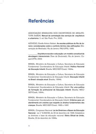 Referências
ASSOCIAÇÃO BRASILEIRA DOS ESCRITÓRIOS DE ARQUITE-
TURA (AsBEA). Manual de contratação dos serviços de arquitetura
e urbanismo. 2. ed. São Paulo: Pini, 2002.
AZEVEDO, Giselle Arteiro Nielsen. As escolas públicas do Rio de Ja-
neiro: considerações sobre o conforto térmico das edificações (Dis-
sertação de Mestrado). Rio de Janeiro: FAU/UFRJ, 1995.
_________. Arquitetura escolar e educação: um modelo conceitual de
abordagem interacionista (Tese de Doutorado). Rio de Janeiro: Co-
ppe/UFRJ, 2002.
BRASIL. Ministério da Educação e Cultura. Secretaria de Educação
Fundamental. Coordenadoria de Educação Infantil. Política Nacional
de Educação Infantil. Brasília: MEC/SEF/Coedi, 1994a.
BRASIL. Ministério da Educação e Cultura. Secretaria de Educação
Fundamental. Coordenadoria de Educação Infantil. Educação Infantil
no Brasil: situação atual. Brasília, 1994b.
BRASIL. Ministério da Educação e Cultura. Secretaria de Educação
Fundamental. Coordenadoria de Educação Infantil. Por uma política
de formação do profissional de Educação Infantil. Brasília: MEC/
SEF/Coedi, 1994c.
BRASIL. Ministério da Educação e Cultura. Secretaria de Educação
Fundamental. Coordenadoria de Educação Infantil. Critérios para um
atendimento em creches que respeite os direitos fundamentais das
crianças. Brasília: MEC/SEF/Coedi, 1995 e 1997.
BRASIL. Congresso Nacional. Lei de Diretrizes e Bases da Educação
Nacional. Lei nº 9.394/96, de 20 de dezembro de 1996. Estabelece
as diretrizes e base da educação nacional. Diário Oficial da União,
Brasília, 23 de dezembro de 1996a.
39
 