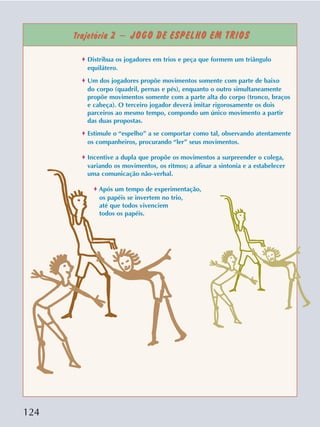 124
Trajetória 2 – JOGO DE ESPELHO EM TRIOS
o Distribua os jogadores em trios e peça que formem um triângulo
equilátero.
o Um dos jogadores propõe movimentos somente com parte de baixo
do corpo (quadril, pernas e pés), enquanto o outro simultaneamente
propõe movimentos somente com a parte alta do corpo (tronco, braços
e cabeça). O terceiro jogador deverá imitar rigorosamente os dois
parceiros ao mesmo tempo, compondo um único movimento a partir
das duas propostas.
o Estimule o “espelho” a se comportar como tal, observando atentamente
os companheiros, procurando “ler” seus movimentos.
o Incentive a dupla que propõe os movimentos a surpreender o colega,
variando os movimentos, os ritmos; a afinar a sintonia e a estabelecer
uma comunicação não-verbal.
o Após um tempo de experimentação,
os papéis se invertem no trio,
até que todos vivenciem
todos os papéis.
 