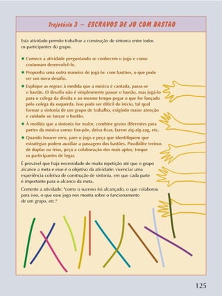 125
Trajetória 3 – ESCRAVOS DE JÓ COM BASTÃO
Esta atividade permite trabalhar a construção de sintonia entre todos
os participantes do grupo.
✸ Comece a atividade perguntando se conhecem o jogo e como
costumam desenvolvê-lo.
✸ Proponha uma outra maneira de jogá-lo: com bastões, o que pode
ser um novo desafio.
✸ Explique as regras: à medida que a música é cantada, passa-se
o bastão. O desafio não é simplesmente passar o bastão, mas jogá-lo
para o colega da direita e ao mesmo tempo pegar o que for lançado
pelo colega da esquerda. Isso pode ser difícil de início, tal qual
formar a sintonia de um grupo de trabalho, exigindo maior atenção
e cuidado ao lançar o bastão.
✸ À medida que a sintonia for maior, combine gestos diferentes para
partes da música como: tira-põe, deixa ficar, fazem zig-zig-zag, etc.
✸ Quando houver erro, pare o jogo e peça que identifiquem que
estratégias podem auxiliar a passagem dos bastões. Possibilite treinos
de duplas ou trios, peça a colaboração dos mais aptos, troque
os participantes de lugar.
É provável que haja necessidade de muita repetição até que o grupo
alcance a meta e esse é o objetivo da atividade: vivenciar uma
experiência coletiva de construção de sintonia, em que cada parte
é importante para o alcance da meta.
Comente a atividade: "como o sucesso foi alcançado, o que colaborou
para isso, o que esse jogo nos mostra sobre o funcionamento
de um grupo, etc."
 
