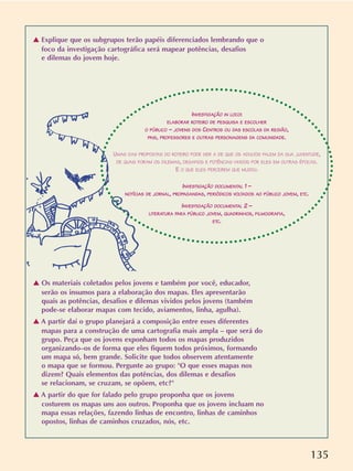 135
v Os materiais coletados pelos jovens e também por você, educador,
serão os insumos para a elaboração dos mapas. Eles apresentarão
quais as potências, desafios e dilemas vividos pelos jovens (também
pode-se elaborar mapas com tecido, aviamentos, linha, agulha).
v A partir daí o grupo planejará a composição entre esses diferentes
mapas para a construção de uma cartografia mais ampla – que será do
grupo. Peça que os jovens exponham todos os mapas produzidos
organizando–os de forma que eles fiquem todos próximos, formando
um mapa só, bem grande. Solicite que todos observem atentamente
o mapa que se formou. Pergunte ao grupo: "O que esses mapas nos
dizem? Quais elementos das potências, dos dilemas e desafios
se relacionam, se cruzam, se opõem, etc?"
v A partir do que for falado pelo grupo proponha que os jovens
costurem os mapas uns aos outros. Proponha que os jovens incluam no
mapa essas relações, fazendo linhas de encontro, linhas de caminhos
opostos, linhas de caminhos cruzados, nós, etc.
v Explique que os subgrupos terão papéis diferenciados lembrando que o
foco da investigação cartográfica será mapear potências, desafios
e dilemas do jovem hoje.
INVESTIGAÇÃO IN LOCO:
ELABORAR ROTEIRO DE PESQUISA E ESCOLHER
O PÚBLICO – JOVENS DOS CENTROS OU DAS ESCOLAS DA REGIÃO,
PAIS, PROFESSORES E OUTRAS PERSONAGENS DA COMUNIDADE.
UMAS DAS PROPOSTAS DO ROTEIRO PODE SER A DE QUE OS ADULTOS FALEM DA SUA JUVENTUDE,
DE QUAIS FORAM OS DILEMAS, DESAFIOS E POTÊNCIAS VIVIDOS POR ELES EM OUTRAS ÉPOCAS.
E O QUE ELES PERCEBEM QUE MUDOU.
INVESTIGAÇÃO DOCUMENTAL 1 –
NOTÍCIAS DE JORNAL, PROPAGANDAS, PERIÓDICOS VOLTADOS AO PÚBLICO JOVEM, ETC.
INVESTIGAÇÃO DOCUMENTAL 2 –
LITERATURA PARA PÚBLICO JOVEM, QUADRINHOS, FILMOGRAFIA,
ETC.
 