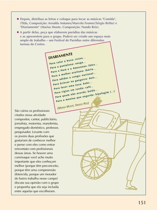 151
DIARIAMENTE
Para calar a boca: rícino…
Para a pantalona: nesga…
Para o Pará e o Amazonas: látex…
Para a melhor azeitona: Ibéria…
Para adidas o conga: nacional…
Para brincar na gangorra: dois…
Para fazer uma toca: bobs…
Para vigias em ronda: café…
Para quem não acorda: balde…
Para a menina que engorda: hipofagim (…)
(MARISA MONTE, NANDO REIS)
✸ Depois, distribua as letras e coloque para tocar as músicas "Comida",
(Titãs, Composição: Arnaldo Antunes/Marcelo Fromer/Sérgio Britto) e
"Diariamente" (Marisa Monte, Composição: Nando Reis).
✸ A partir delas, peça que elaborem paródias das músicas
e as apresentem para o grupo. Poderá ser criado um espaço mais
amplo de trabalho – um Festival de Paródias entre diferentes
turmas do Centro.
São vários os profissionais
citados nessa atividade:
compositor, cantor, publicitário,
jornalista, motorista, manobrista,
empregado doméstico, professor,
pesquisador. Levante com
os jovens duas profissões que
gostariam de conhecer melhor
e pense com eles como entrar
emcontato com profissionais
dessas áreas. Se houver uma
carreiraque você ache muito
importante que eles conheçam
melhor (porque têm preconceito,
porque têm uma compreensão
distorcida, porque um morador
do bairro trabalha nesse campo)
discuta sua opinião com o grupo
e proponha que ela seja incluída
entre aquelas que escolheram.
 