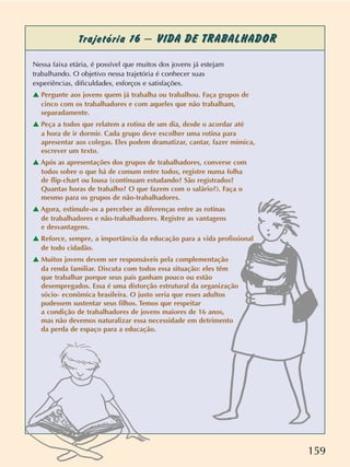 159
Trajetória 16 – VIDA DE TRABALHADOR
Nessa faixa etária, é possível que muitos dos jovens já estejam
trabalhando. O objetivo nessa trajetória é conhecer suas
experiências, dificuldades, esforços e satisfações.
v Pergunte aos jovens quem já trabalha ou trabalhou. Faça grupos de
cinco com os trabalhadores e com aqueles que não trabalham,
separadamente.
v Peça a todos que relatem a rotina de um dia, desde o acordar até
a hora de ir dormir. Cada grupo deve escolher uma rotina para
apresentar aos colegas. Eles podem dramatizar, cantar, fazer mímica,
escrever um texto.
v Após as apresentações dos grupos de trabalhadores, converse com
todos sobre o que há de comum entre todos, registre numa folha
de flip-chart ou lousa (continuam estudando? São registrados?
Quantas horas de trabalho? O que fazem com o salário?). Faça o
mesmo para os grupos de não-trabalhadores.
v Agora, estimule-os a perceber as diferenças entre as rotinas
de trabalhadores e não-trabalhadores. Registre as vantagens
e desvantagens.
v Reforce, sempre, a importância da educação para a vida profissional
de todo cidadão.
v Muitos jovens devem ser responsáveis pela complementação
da renda familiar. Discuta com todos essa situação: eles têm
que trabalhar porque seus pais ganham pouco ou estão
desempregados. Essa é uma distorção estrutural da organização
sócio- econômica brasileira. O justo seria que esses adultos
pudessem sustentar seus filhos. Temos que respeitar
a condição de trabalhadores de jovens maiores de 16 anos,
mas não devemos naturalizar essa necessidade em detrimento
da perda de espaço para a educação.
 