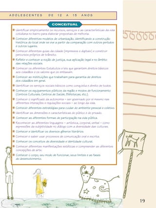 19
❋ Identificar empiricamente os recursos, serviços e as características da vida
cotidiana no bairro para elaborar propostas de melhoria.
❋ Conhecer diferentes modelos de urbanização, identificando a construção
histórica do local onde se vive a partir da comparação com outros períodos
e outros lugares.
❋ Conhecer diferentes guias da cidade (impressos e digitais) e construir
percursos próprios de trânsito.
❋ Refletir e conhecer a noção de justiça, sua aplicação legal e no âmbito
das relações sociais.
❋ Conhecer os diferentes Estatutos e leis que garantem direitos básicos
aos cidadãos e os valores que os embasam.
❋ Conhecer as instituições que trabalham para garantia de direitos
dos cidadãos em geral.
❋ Identificar os serviços sociais básicos como conquista e direito de todos.
❋ Conhecer os equipamentos públicos da região e modos de funcionamento
(Centros Culturais, Centros de Saúde, Bibliotecas, etc.).
❋ Conhecer o significado da autonomia – ser governado por si mesmo nas
diferentes interações e regulações sociais – ao longo da vida.
❋ Conhecer diferentes estratégias para cuidar do ambiente pessoal e coletivo.
❋ Identificar as dimensões e características do público e do privado.
❋ Conhecer as diferentes formas de participação na vida pública.
❋ Reconhecer as diferentes linguagens – artística, corporal, verbal – como
expressões da subjetividade no diálogo com a diversidade das culturas.
❋ Conhecer e identificar os diversos gêneros literários.
❋ Conhecer e saber usar processos de comunicação oral e escrita.
❋ Conhecer os conceitos de diversidade e identidade cultural.
❋ Conhecer diferentes manifestações estéticas e compreender as diferentes
concepções de arte.
❋ Conhecer o corpo, seu modo de funcionar, seus limites e as fases
do desenvolvimento.
CONCEITUAL
A D O L E S C E N T E S D E 1 2 A 1 5 A N O S
 