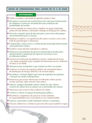 23
❖ Confiar na própria capacidade de aprender, propor e atuar.
❖ Reconhecer o processo de escolarização como valor para fortalecimento
da cidadania e o processo socioeducativo para ampliação das
possibilidades de escolha.
❖ Conviver pautado em valores éticos, trabalhar em grupo respeitando
pontos de vista distintos e utilizando o diálogo na resolução de conflitos.
❖ Discernir e repudiar ações de discriminação, assim como saber propor
encaminhamentos para as mesmas.
❖ Respeitar os saberes e as experiências dos outros e recorrer a eles como
fonte de aprendizagem e informação.
❖ Compreender o saber social e o conhecimento acumulado historicamente
como patrimônio coletivo.
❖ Escolher e tomar decisões individuais e coletivas.
❖ Interessar-se por participar dos processos democráticos de discussão,
questionamento e proposição de regras de convivência e leis,
em diferentes âmbitos.
❖ Envolver-se na discussão de problemas sociais e ambientais do bairro
e da cidade, propondo ações e projetos de intervenção social e ambiental
no bairro e na cidade.
❖ Interessar-se por acompanhar o que acontece no País e no mundo.
❖ Conhecer os serviços de segurança pública, de saneamento básico,
de distribuição de energia, telefonia e de inclusão digital.
❖ Reconhecer a inclusão digital como meio de ampliação de repertório
e inserção no mundo contemporâneo.
❖ Interessar-se por acessar informações em diferentes mídias (jornais,
revistas, televisão, rádio, internet, entre outros).
❖ Valorizar a própria identidade cultural, modos de vida, saberes
e fazeres da cultura local na relação com a diversidade das culturas.
❖ Interessar-se por acessar os bens culturais da cidade.
❖ Conhecer e utilizar os espaços de participação pública.
❖ Reconhecer a importância de preservar o meio ambiente,
ter responsabilidade com o ecossistema e com a biodiversidade.
❖ Valorizar a promoção à saúde individual, familiar e comunitária.
❖ Procurar conhecer-se e orientar-se para uma vida sexual saudável e segura.
ATITUDINAL
METAS DE APRENDIZAGEM PARA JOVENS DE 15 A 18 ANOS
 