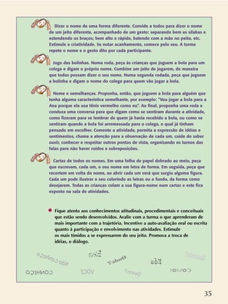 35
Dizer o nome de uma forma diferente. Convide a todos para dizer o nome
de um jeito diferente, acompanhado de um gesto: separando bem as sílabas e
estendendo os braços; bem alto e rápido, batendo com a mão no peito, etc.
Estimule a criatividade. Se notar acanhamento, comece pelo seu. A turma
repete o nome e o gesto dito por cada participante.
Jogo das bolinhas. Numa roda, peça às crianças que joguem a bola para um
colega e digam o próprio nome. Combine um jeito de jogarem, de maneira
que todos possam dizer o seu nome. Numa segunda rodada, peça que joguem
a bolinha e digam o nome do colega para quem vão jogar a bola.
Nome e semelhanças. Proponha, então, que joguem a bola para alguém que
tenha alguma característica semelhante, por exemplo: “Vou jogar a bola para a
Ana porque ela usa tênis vermelho como eu”. Ao final, proponha uma roda e
conduza uma conversa para que digam como se sentiram durante a atividade,
como fizeram para se lembrar de quem já havia recebido a bola, ou como se
sentiram quando a bola foi arremessada para o colega, o qual já tinham
pensado em escolher. Comente a atividade, permita a expressão de idéias e
sentimentos, chame a atenção para a observação de cada um, cuide do saber
ouvir, conhecer e respeitar outros pontos de vista, organizando os turnos das
falas para não haver ruídos e sobreposições.
Cartaz de todos os nomes. Em uma folha de papel dobrado ao meio, peça
que escrevam, cada um, o seu nome em letra de forma. Em seguida, peça que
recortem em volta do nome, ao abrir cada um verá que surgiu alguma figura.
Cada um pode ilustrar o seu colorindo as letras ou o fundo, da forma como
desejarem. Todas as crianças colam a sua figura-nome num cartaz e este fica
exposto na sala de atividades.
Fique atento aos conhecimentos atitudinais, procedimentais e conceituais
que estão sendo desenvolvidos. Avalie com a turma o que aprenderam de
mais importante com a trajetória. Incentive a auto-avaliação oral ou escrita
quanto à participação e envolvimento nas atividades. Estimule
os mais tímidos a se expressarem do seu jeito. Promova a troca de
idéias, o diálogo.
Quem?
Onde?
Como?
Quando?
VOCÊ
Nós
Eles
CONHEÇO
Nãoconheço
 