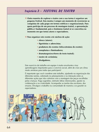 64
Trajetória 3 – FESTIVAL DE TEATRO
❋ Outra maneira de explorar o teatro com a sua turma é organizar um
pequeno Festival. Esta mostra é sempre um momento de reverenciar as
conquistas de cada grupo em termos estéticos e organizacionais. Para
quem participa de um processo de montagem teatral, a apresentação
pública é fundamental, pois o fenômeno teatral só se concretiza no
momento em que temos atores e espectadores.
❋ Para organizar este evento crie núcleos de ação:
• elenco (atores);
• figurinistas e aderecistas;
• produtores do eventos (infra-estrutura do evento);
• sonoplastas e iluminadores;
• dramaturgos(escritores do texto teatral);
• mestre de cerimônia;
• divulgadores.
Este exercício de trabalho em equipe é muito envolvente e traz
aprendizagens importantes para o convívio social, além de criar um clima
muito amistoso para todos que participem!
É importante que você coordene este trabalho, ajudando na organização das
diferentes tarefas, sobretudo no planejamento e na interação entre as
diferentes ações que irão culminar com a montagem das peças escolhidas
pelas crianças. Traga sugestões, estimule idéias interessantes, aposte na
colaboração e na criatividade. Acompanhe as tarefas dos escritores, dos
ensaios. Divulgue o trabalho na comunidade de maneira a se garantir os
espectadores.
 